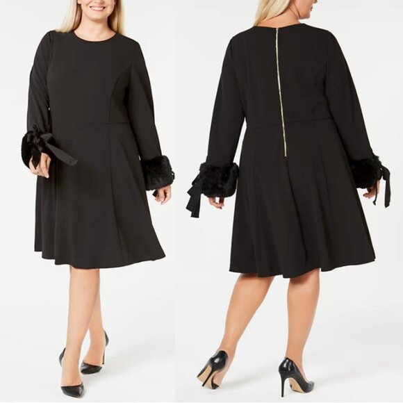 CALVIN KLEIN Faux-Fur Cuff A-Line Dress Bow Detail in Black Size 16W - Picture 1 of 9
